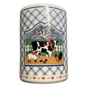 Vtg Blue Utensils Holder Crock Jar Plaid Cow Rooster Sheep Country Cottage Heart